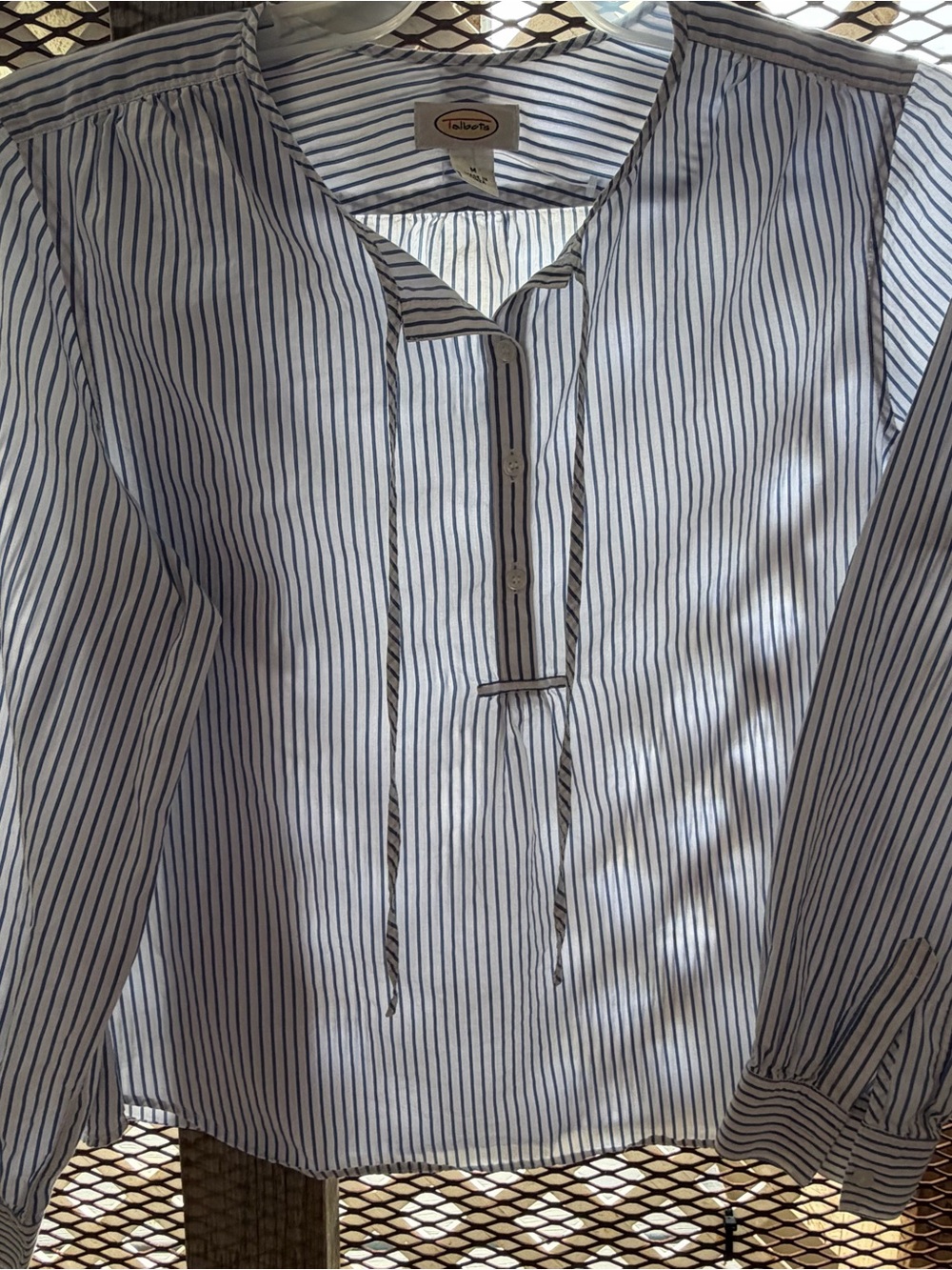 Talbots White Blouse with Navy Pinstripes